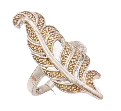 925 Sterling Silver Vintage Ring Designer Beaded Carved Leaf  Sz 7  RG28347