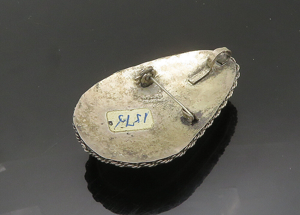 ISRAEL 925 Sterling Silver  Vintage Eilat Stone Twist Border Brooch Pin BP8072