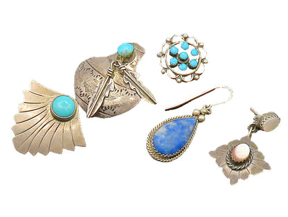 ZUNI NAVAJO 925 Sterling Silver Vintage Multi Stone Lot Single Earrings EG11261