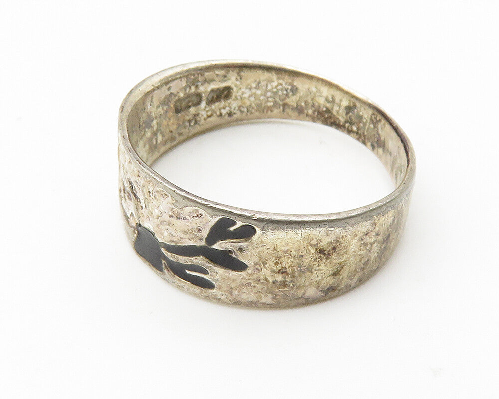 925 Sterling Silver  Vintage Dark Tone Enamel Detail Band Ring Sz 8  RG10304
