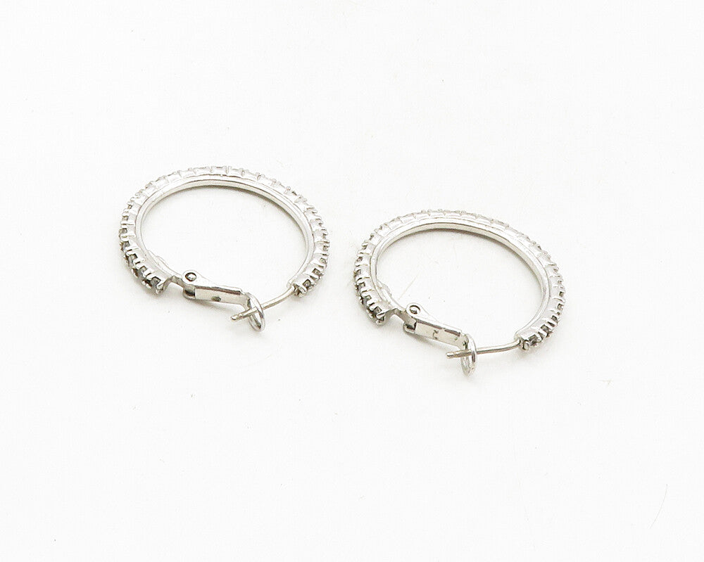 925 Sterling Silver  Petite White Topaz Shiny Round Hoop Earrings   EG5226