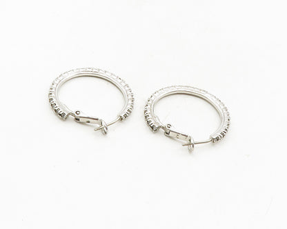 925 Sterling Silver  Petite White Topaz Shiny Round Hoop Earrings   EG5226