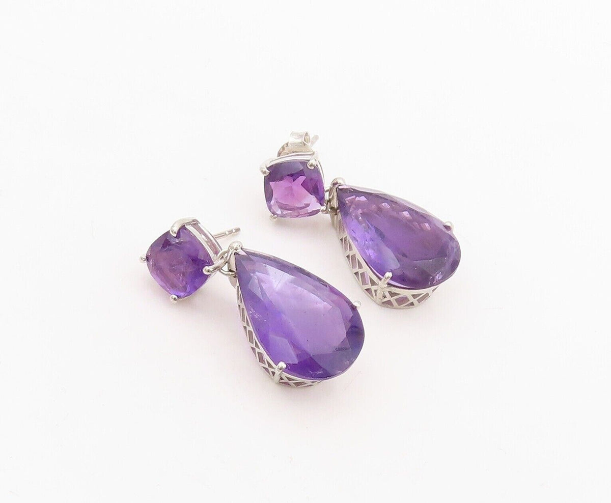 925 Sterling Silver Vintage Earrings Square & Drop Cut Dangling Amethyst EG13157