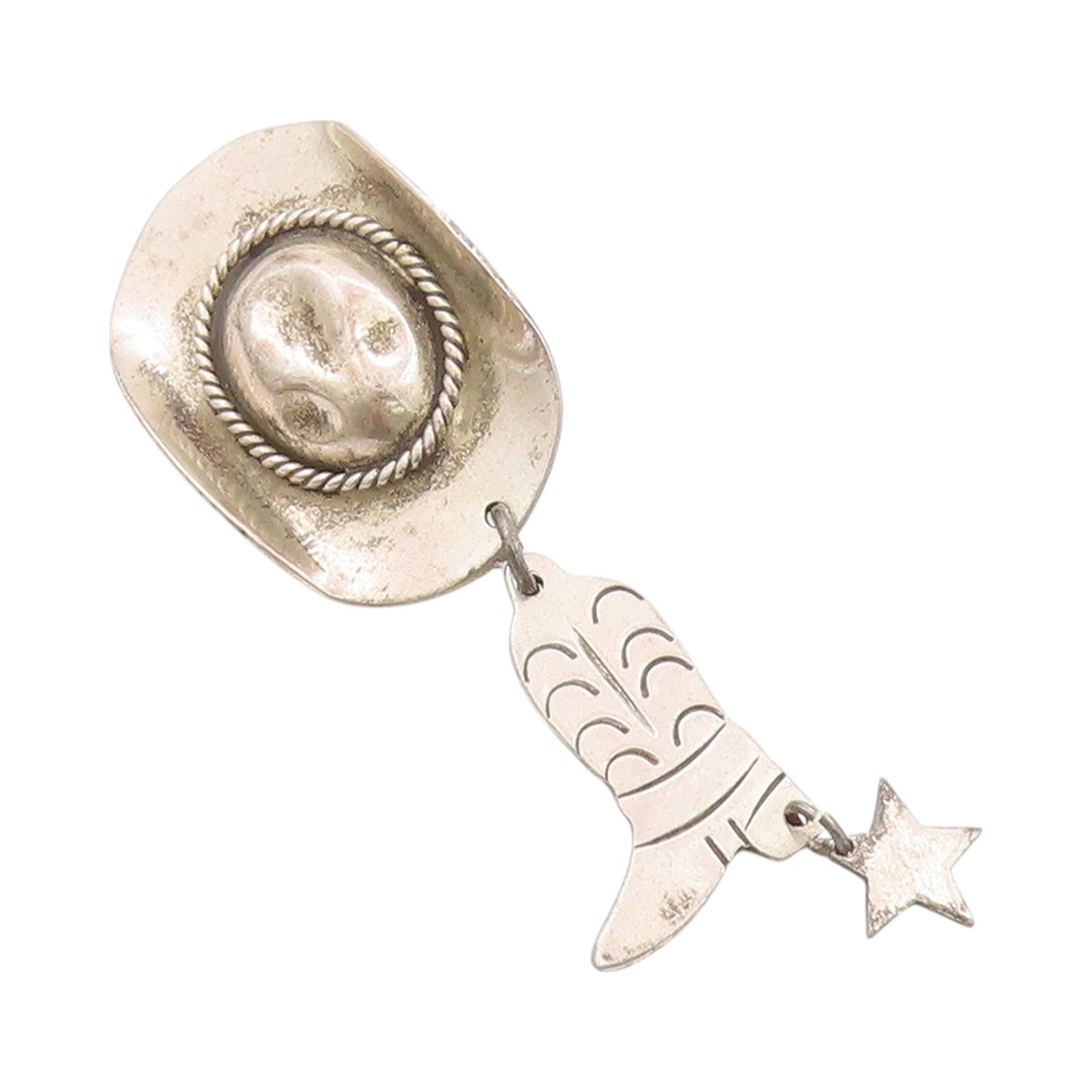 925 Sterling Silver Vintage Brooch Cowboy Hat With Dangling Boots & Star BP11649