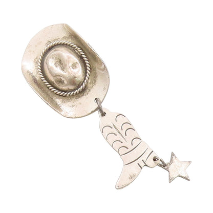 925 Sterling Silver Vintage Brooch Cowboy Hat With Dangling Boots & Star BP11649