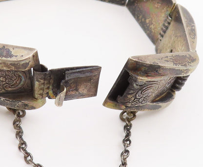 925 Sterling Silver Vintage Bracelet Dark Tone Engraved Floral Panels  BT11417