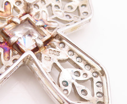 925 Sterling Silver Vintage Pendant CZ Beaded Floral Carved Cross "X"  PT22853