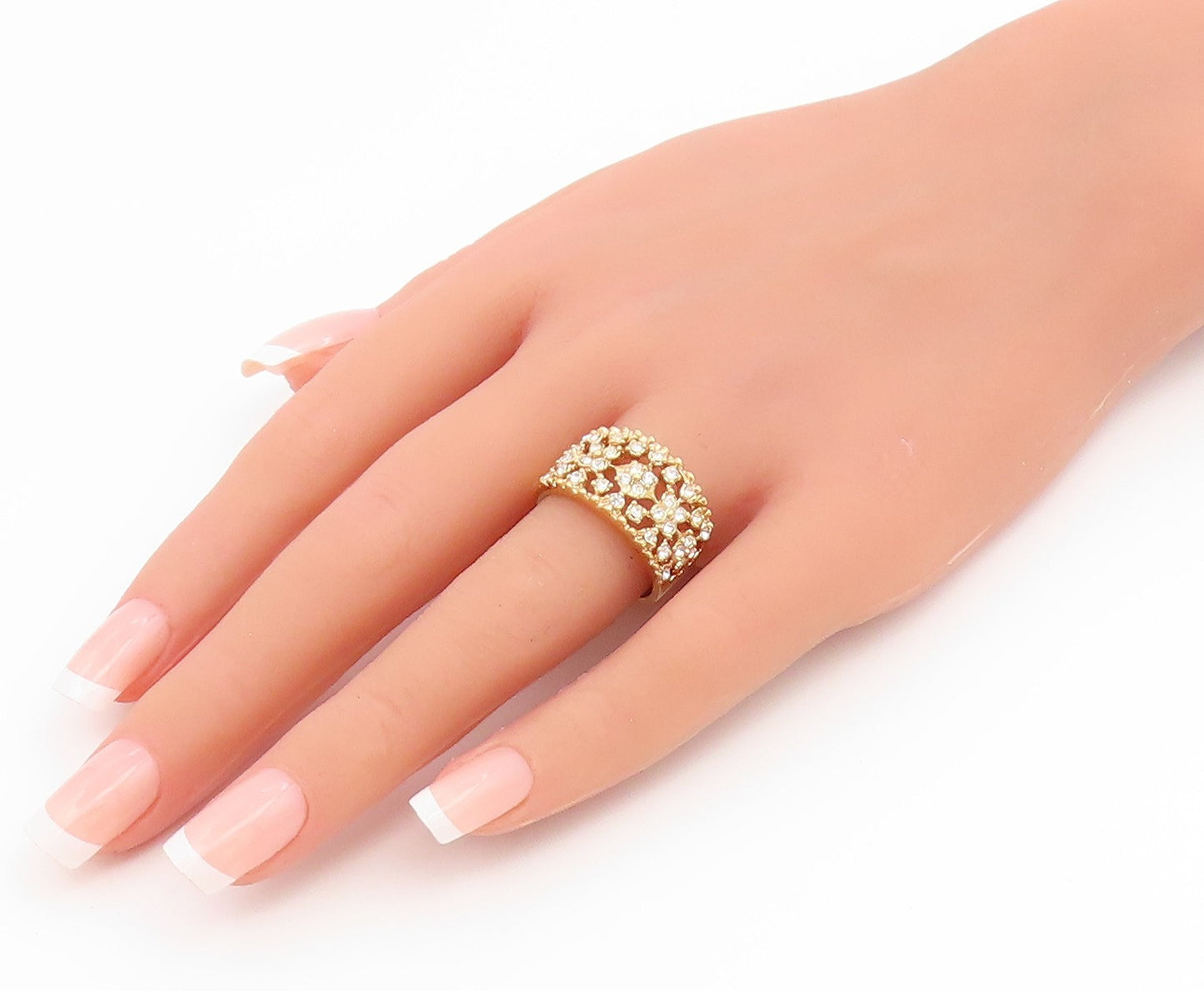 925 Sterling Silver Vintage Ring Gold Plated CZ Floral Openwork  Sz 8  RG36945
