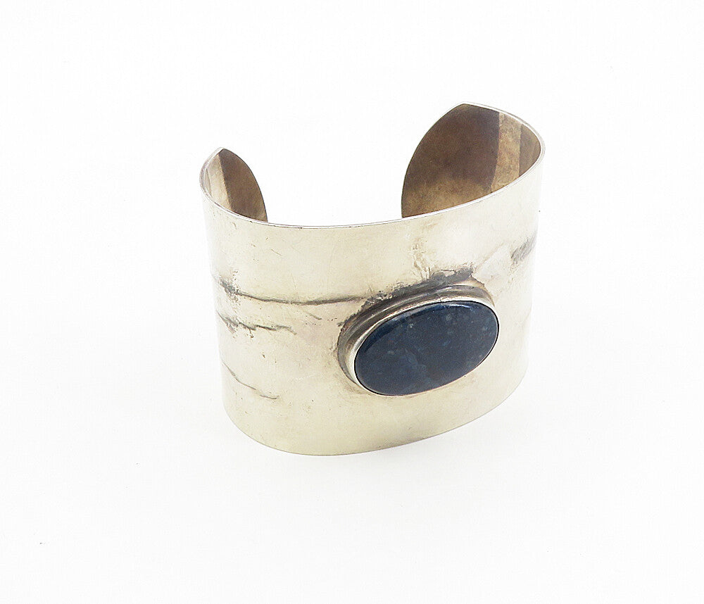925 Sterling Silver  Vintage Sodalite Smooth Shiny Wide Cuff Bracelet  BT3935
