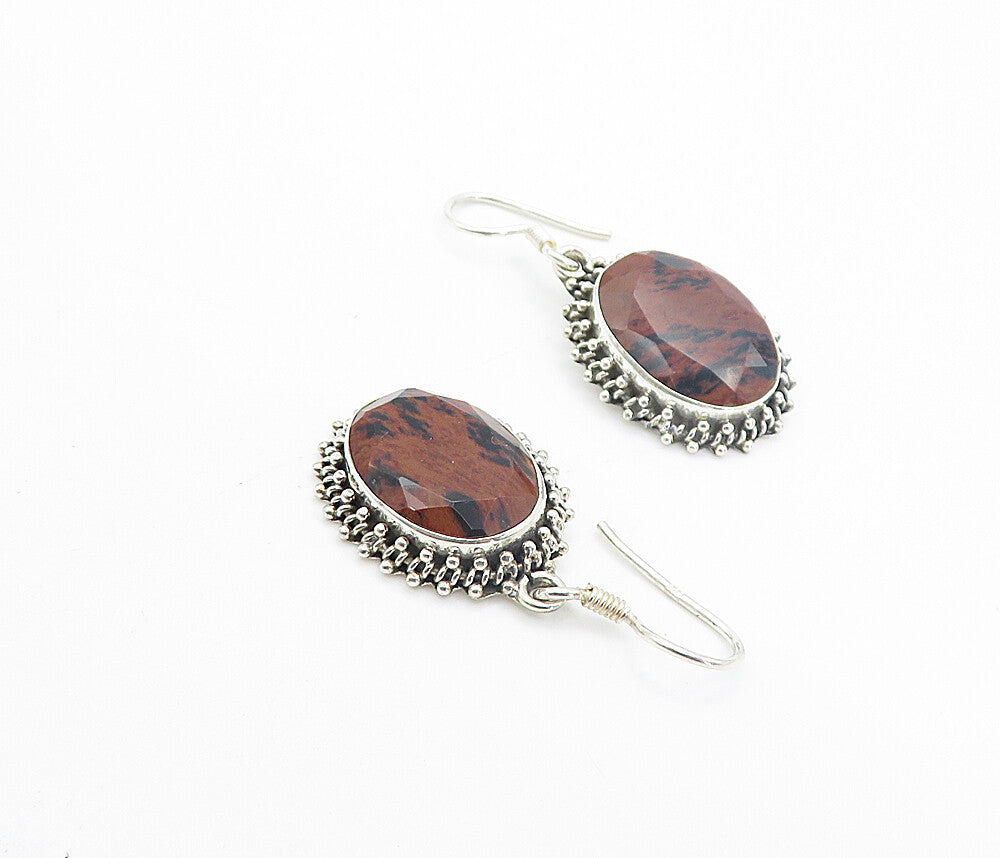 925 Sterling Silver  Vintage Faceted Red Jasper Oval Dangle Earrings  EG3293