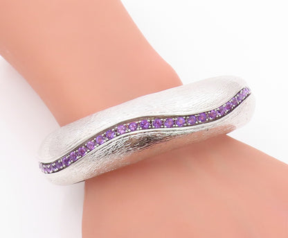 925 Sterling Silver Vintage Bracelet Modernist Amethyst Chain Inlay Cuff BT11351