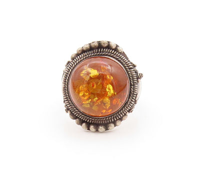 925 Sterling Silver Vintage Ring Dark Tone Carved Cabochon Amber  Sz 6  RG31883