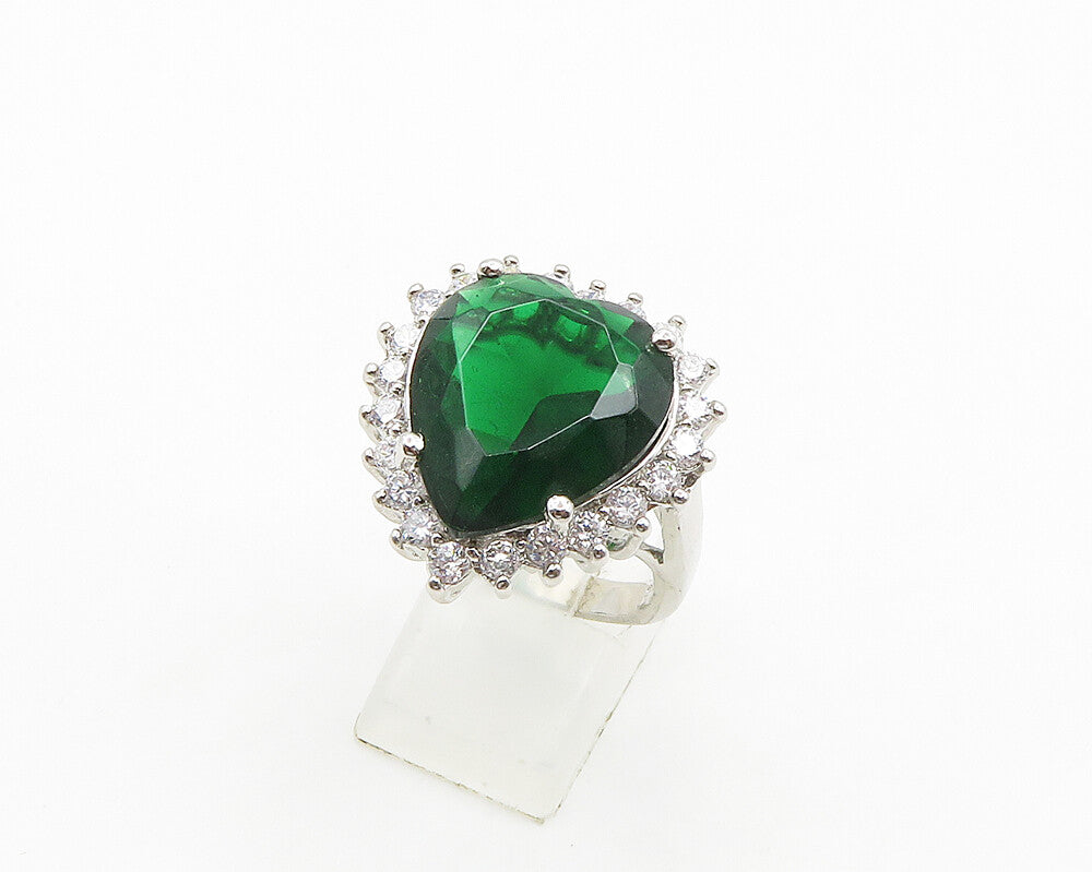 925 Silver  Green Topaz & Cubic Zirconia Heart Cocktail Ring Sz 9  RG19452
