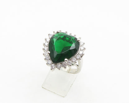 925 Silver  Green Topaz & Cubic Zirconia Heart Cocktail Ring Sz 9  RG19452