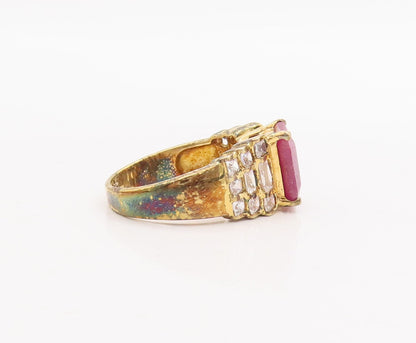 925 Sterling Silver Vintage Ring Gold Plated Ruby & Step Inlay CZ  Sz 7  RG29277