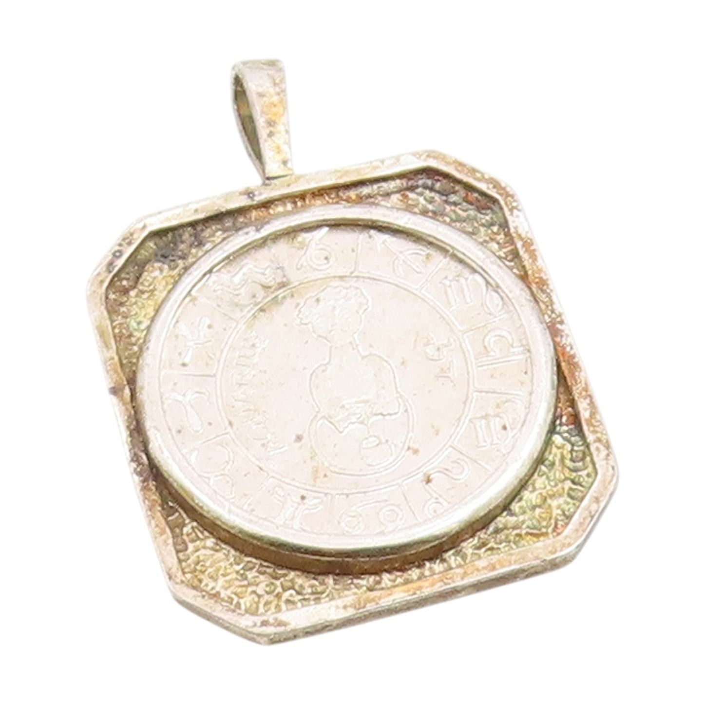 925 Sterling Silver Vintage Pendant Astrological Zodiac Geometric Coin   PT25883