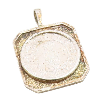 925 Sterling Silver Vintage Pendant Astrological Zodiac Geometric Coin   PT25883
