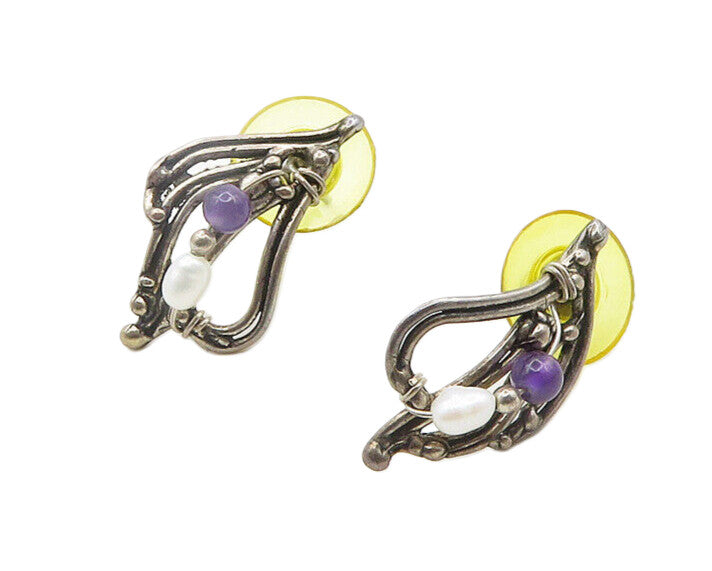 925 Sterling Silver  Vintage Petite Pearl & Amethyst Drop Earrings  EG9583