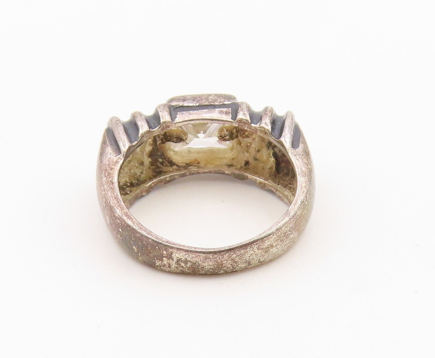 925 Sterling Silver Vintage Ring White CZ Ribbed Statement Band  Sz 6  RG36604