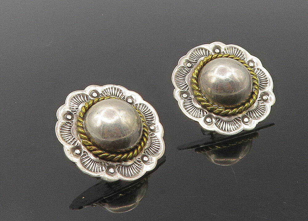 MEXICO 925 Sterling Silver  Vintage Two Tone Floral Dome Drop Earrings  EG5326