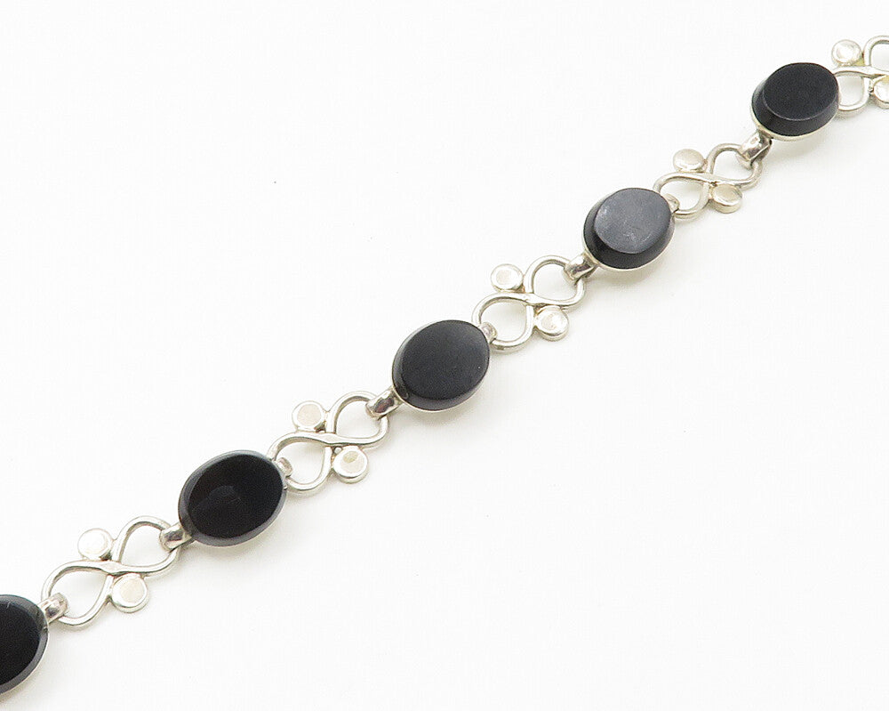 MEXICO 925 Silver  Vintage Black Onyx Infinity Link Chain Necklace  NE3066