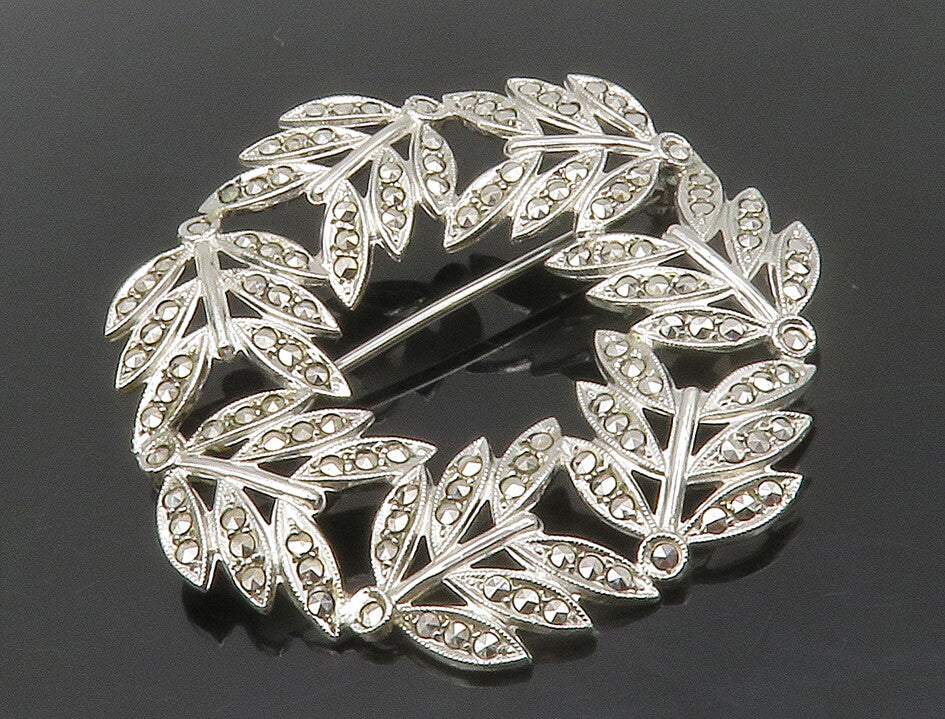 925 Sterling Silver  Vintage Sparkling Floral Wreath Motif Brooch Pin  BP5205
