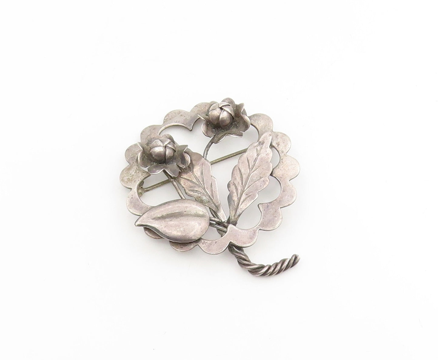 925 Sterling Silver Vintage Brooch Elegant Twisted Stem Floral Blossom  BP12251