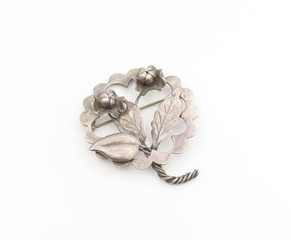 925 Sterling Silver Vintage Brooch Elegant Twisted Stem Floral Blossom  BP12251