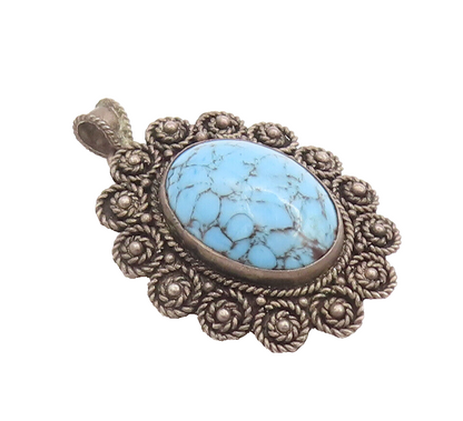 925 Sterling Silver Vintage Brooch Pin ISRAEL Turquoise Roped Flowers  BP10703