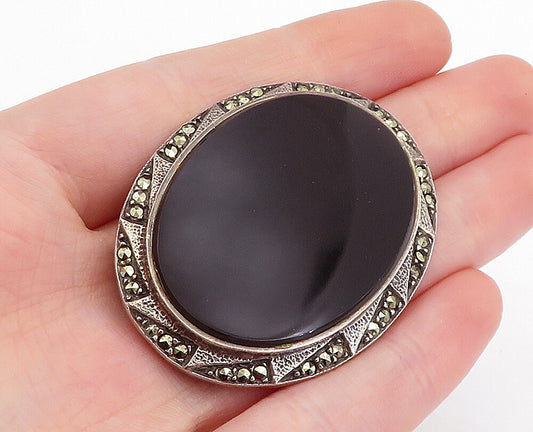 925 Sterling Silver  Vintage Black Onyx & Marcasite Oval Brooch Pin  BP1941