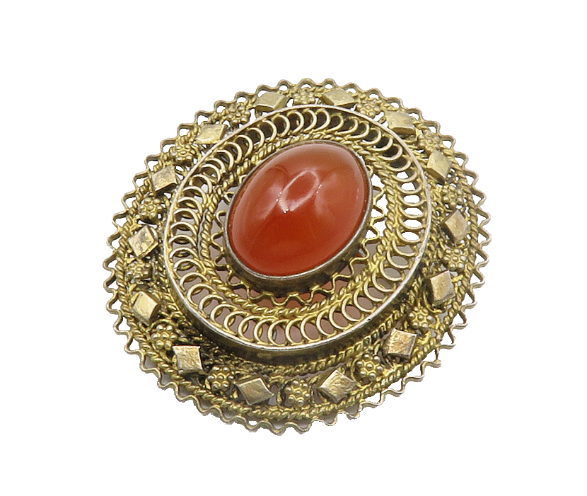 ISRAEL 925 Sterling Silver  Vintage Cabochon Cut Carnelian Brooch Pin  BP5748