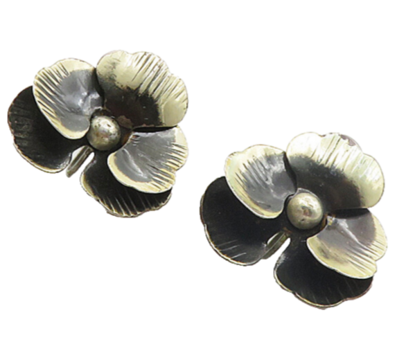 925 Sterling Silver  Vintage Oxidized Flower Motif Non Pierce Earrings  EG4641