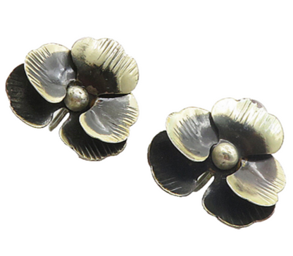 925 Sterling Silver  Vintage Oxidized Flower Motif Non Pierce Earrings  EG4641