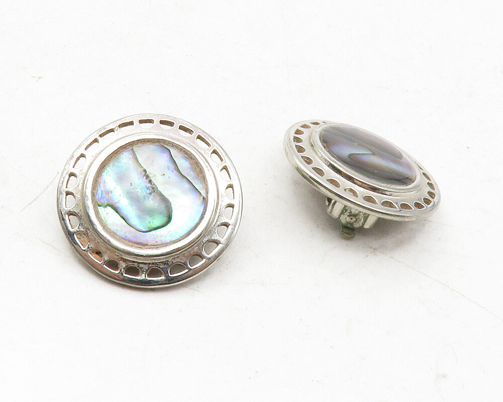 925 Sterling Silver  Vintage Abalone Shell Round Non Pierce Earrings  EG6363
