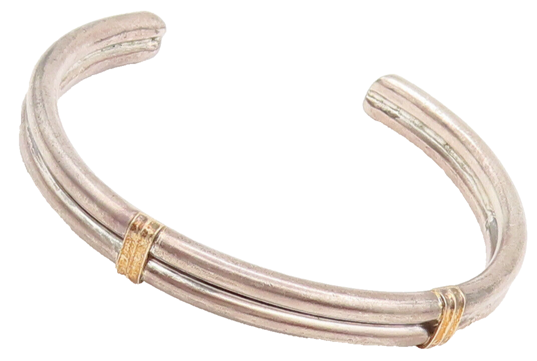 14k GOLD & 925 Silver  Vintage Two Slabs Tied With Rope Cuff Bracelet  BT9951