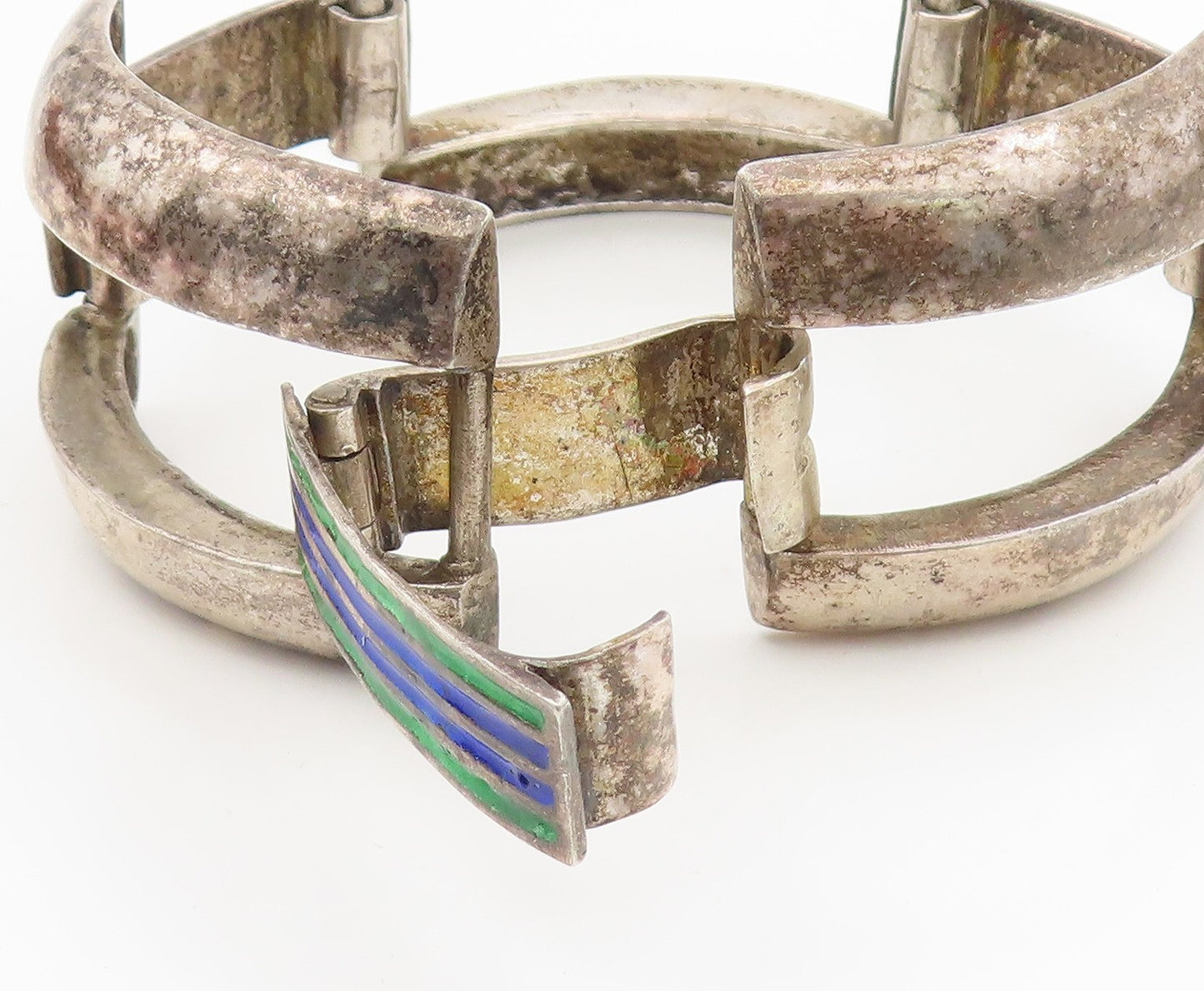 925 Sterling Silver Vintage Bracelet EUROPE Enamel Striped Panel Link  BT11522