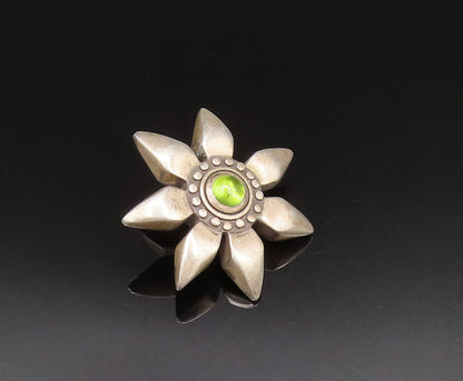 925 Sterling Silver  Vintage Cabochon Cut Peridot Flower Pin  TR3355