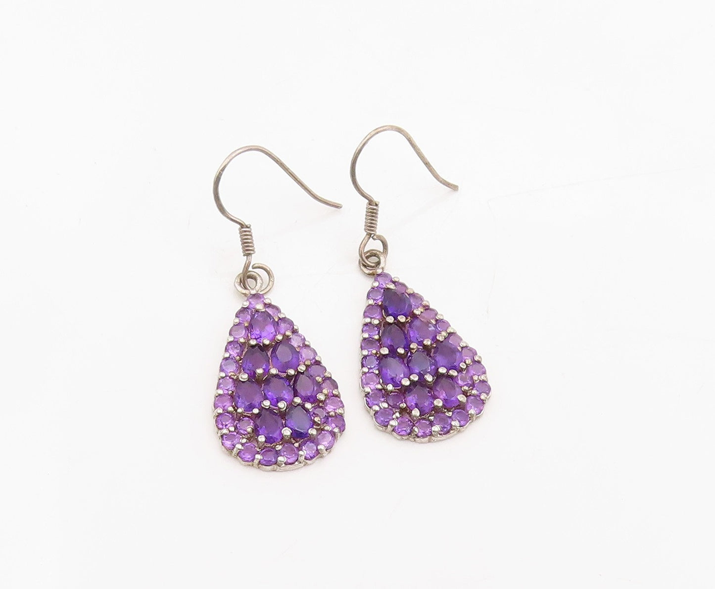 925 Sterling Silver Vintage Earrings Clustered Amethyst Teardrop Dangle  EG13834