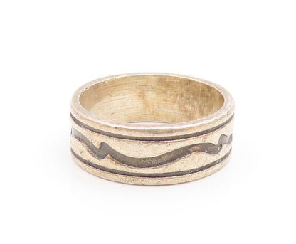 DESIGNER 925 Silver Vintage Oxidized Two Tone Design Band Ring  Sz 9  RG20368