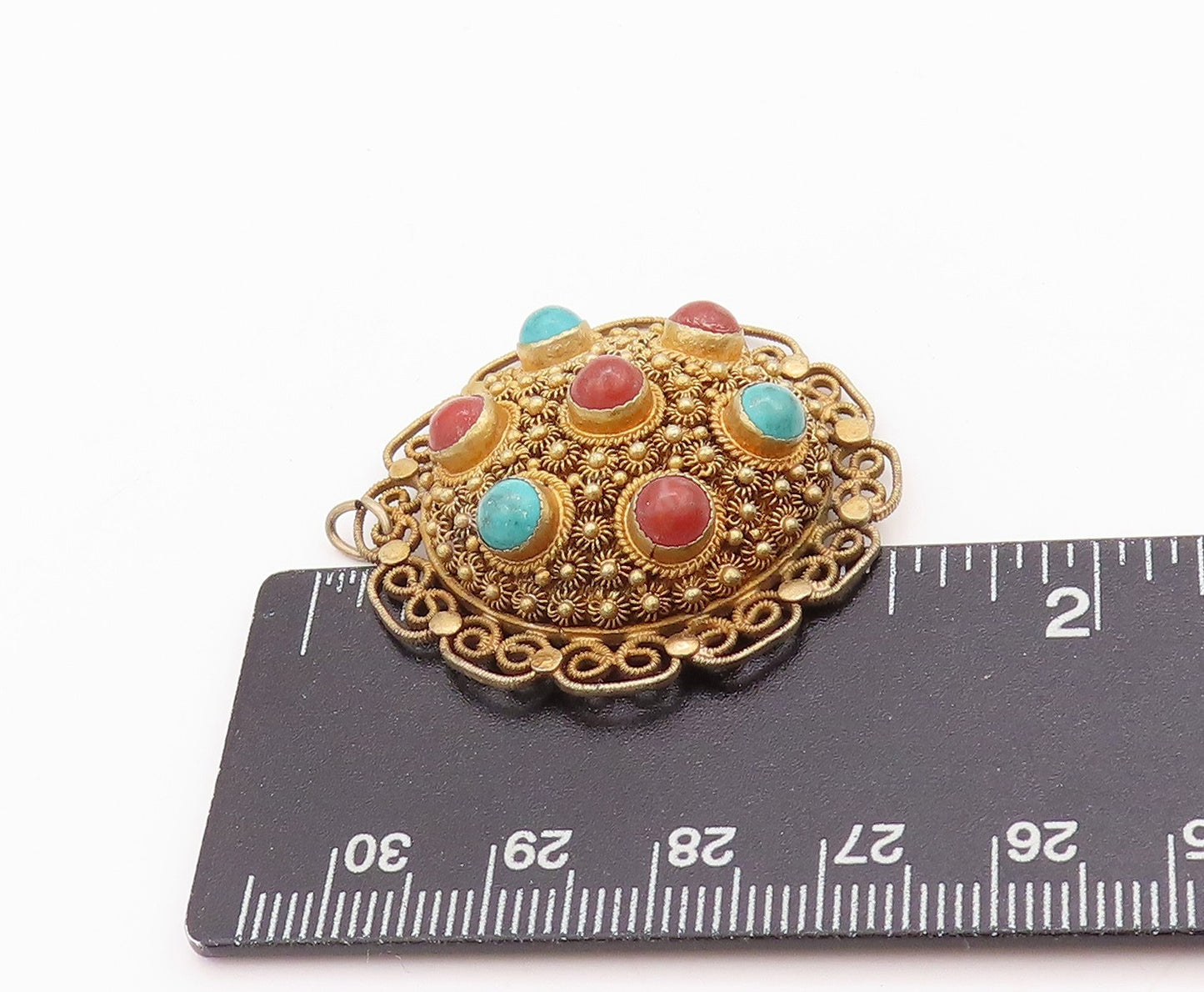 925 Sterling Silver Vintage Pendant Gold Plated Turquoise & Gemstones  PT24715