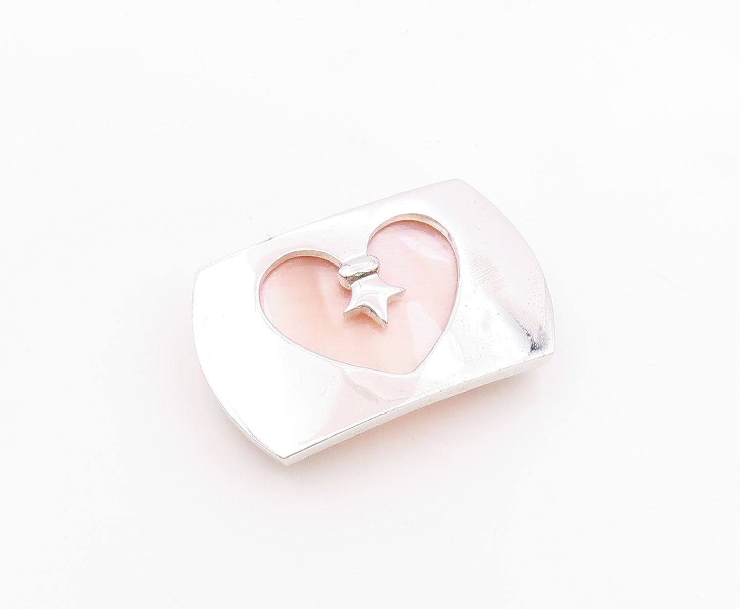 925 Silver  Vintage Inlaid Mother Of Pearl Heart Cutout Pendant  PT21560