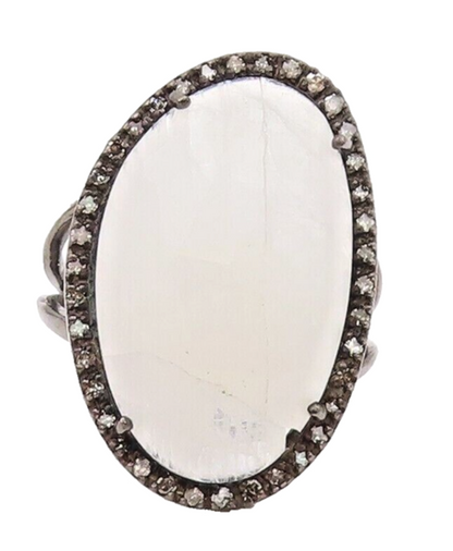 925 Sterling Silver Vintage Ring Diamonds & Large Oval Moonstone  Sz 7  RG30298