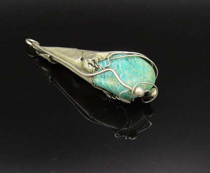 925 Silver  Vintage Modernist Wrapped Green Jasper Stone Cone Pendant  PT21613