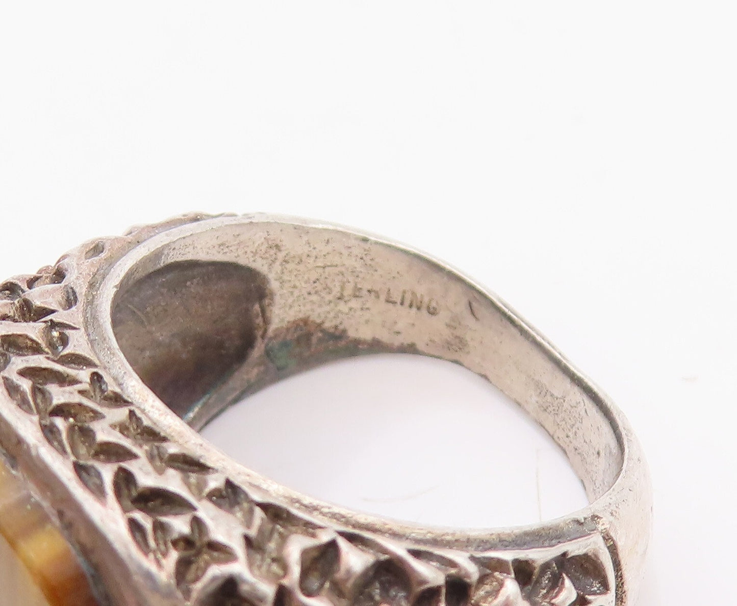 925 Sterling Silver Vintage Ring Brutalist Square Cut Tiger's Eye Sz 9.5 RG28982