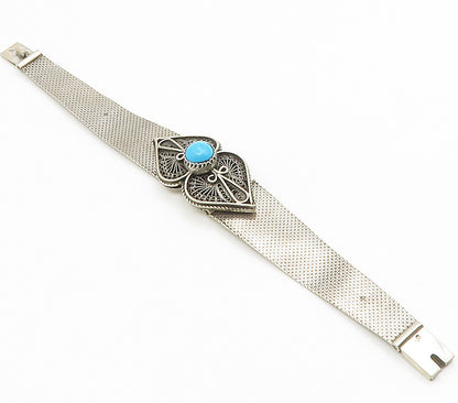 MIDDLE EAST 925 Silver  Vintage Cabochon Cut Turquoise Chain Bracelet  BT5876