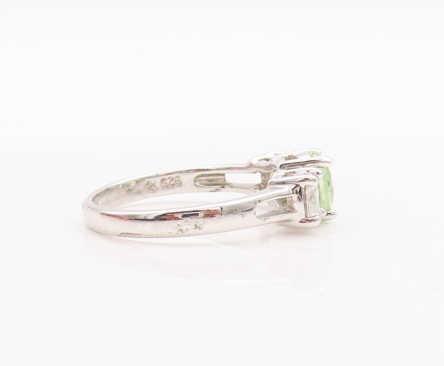 925 Sterling Silver Vintage Ring Green Main & White Side CZ Stone  Sz 9  RG28577