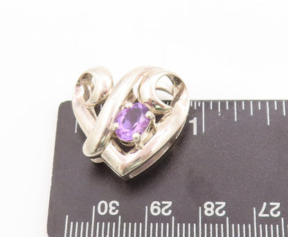 925 Sterling Silver Vintage Pendant Swirled Carved Amethyst Love Heart  PT23069