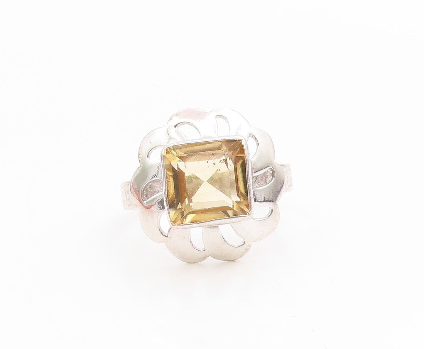 925 Sterling Silver Vintage Ring Modernist Citrine Floral Cutout  Sz 7  RG36175