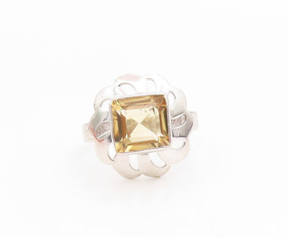 925 Sterling Silver Vintage Ring Modernist Citrine Floral Cutout  Sz 7  RG36175