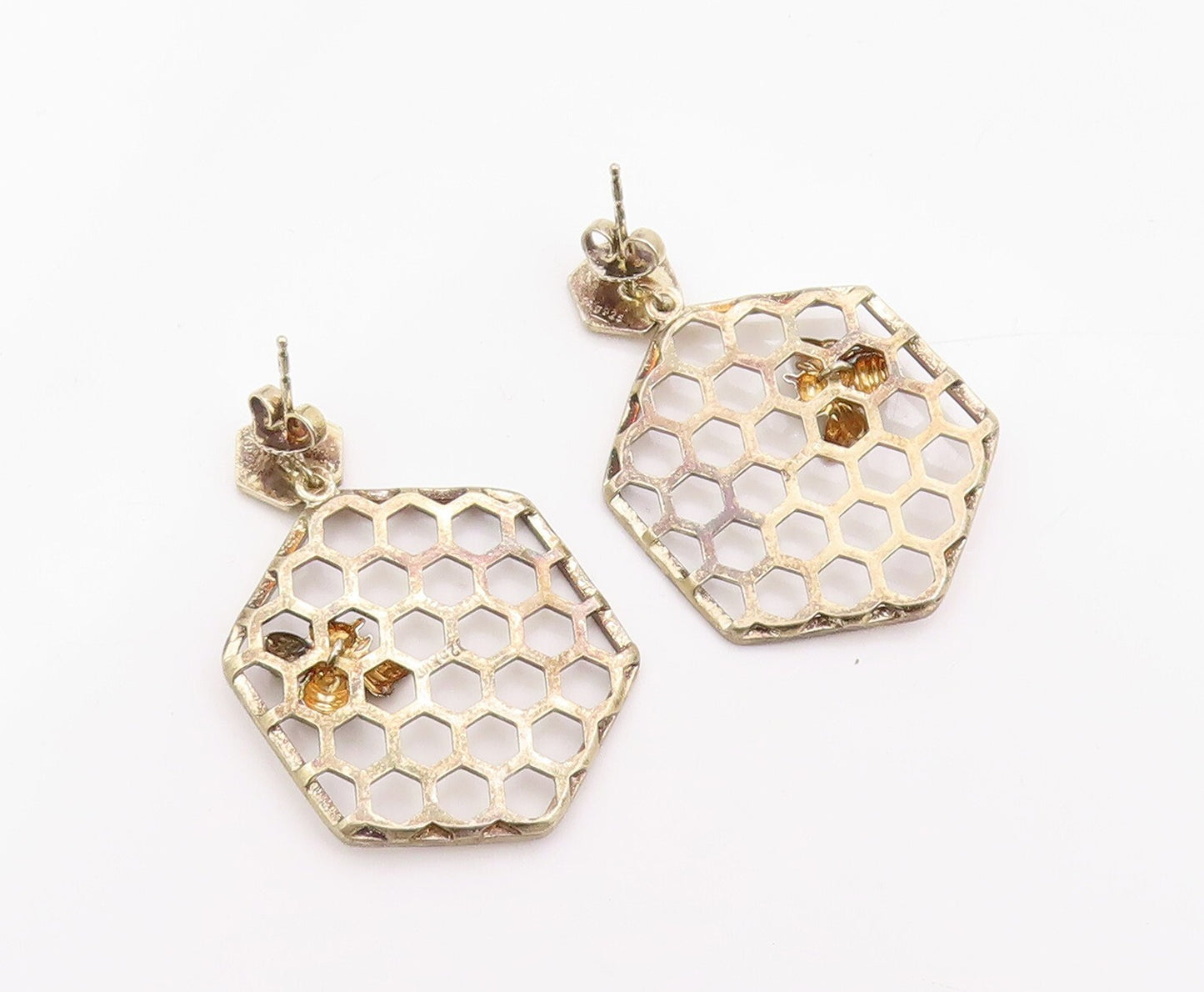 925 Sterling Silver Vintage Earrings Gold Plated Designer Honeycomb  EG13329